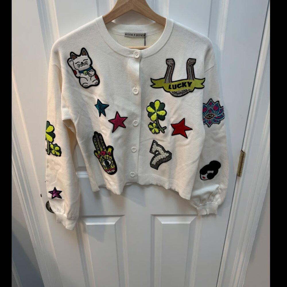 alice + olivia White Cardigan with colorful graphic patches Size M